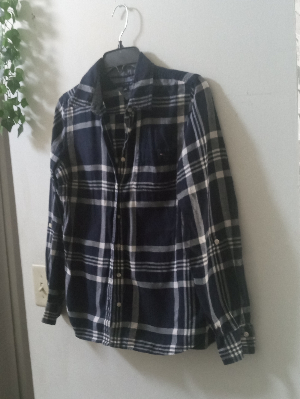 Tommy Hilfiger Navy and White Plaid Button-Up Shirt